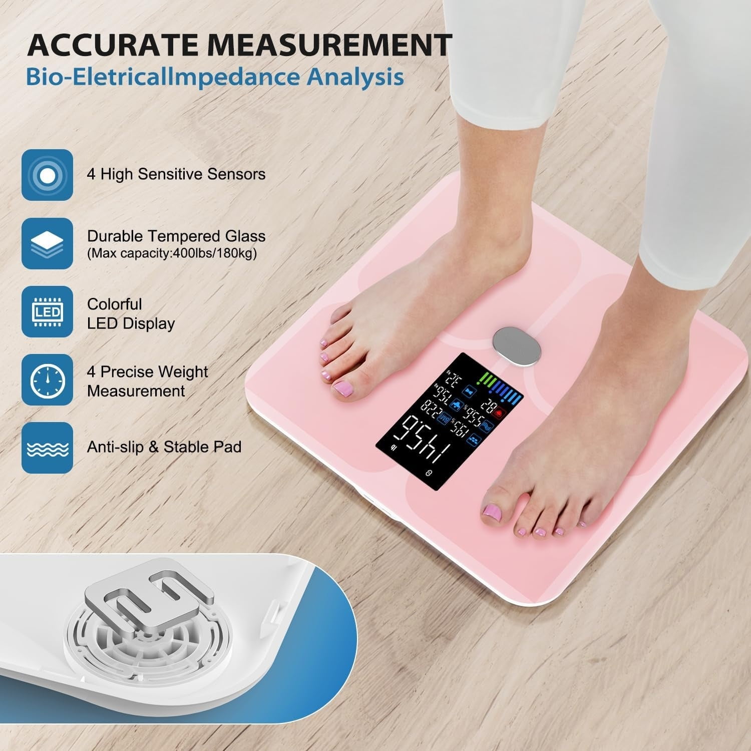 Body Fat Scale,Digital Smart Bathroom Scale for Body Weight,Large Color Display Screen,16 Body Composition Metrics BMI,Water Weigh,Heart Rate,Baby Mode,400lb,Rechargeable-Rosegold