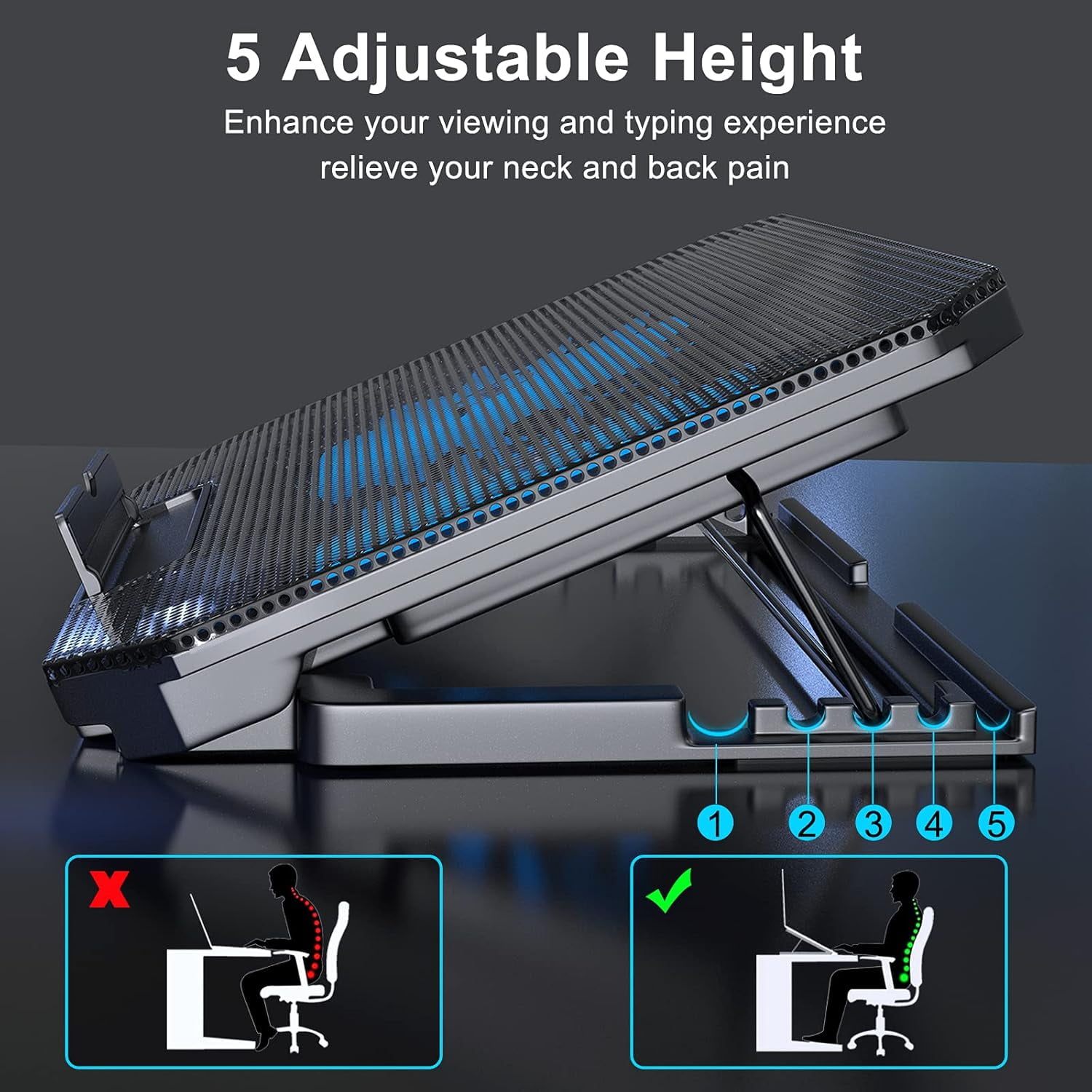 Laptop Cooling Pad with Adjustable Height Two 5.1 Inches Fan 2 USB Ports Suitable for 12"-15.6" Laptops