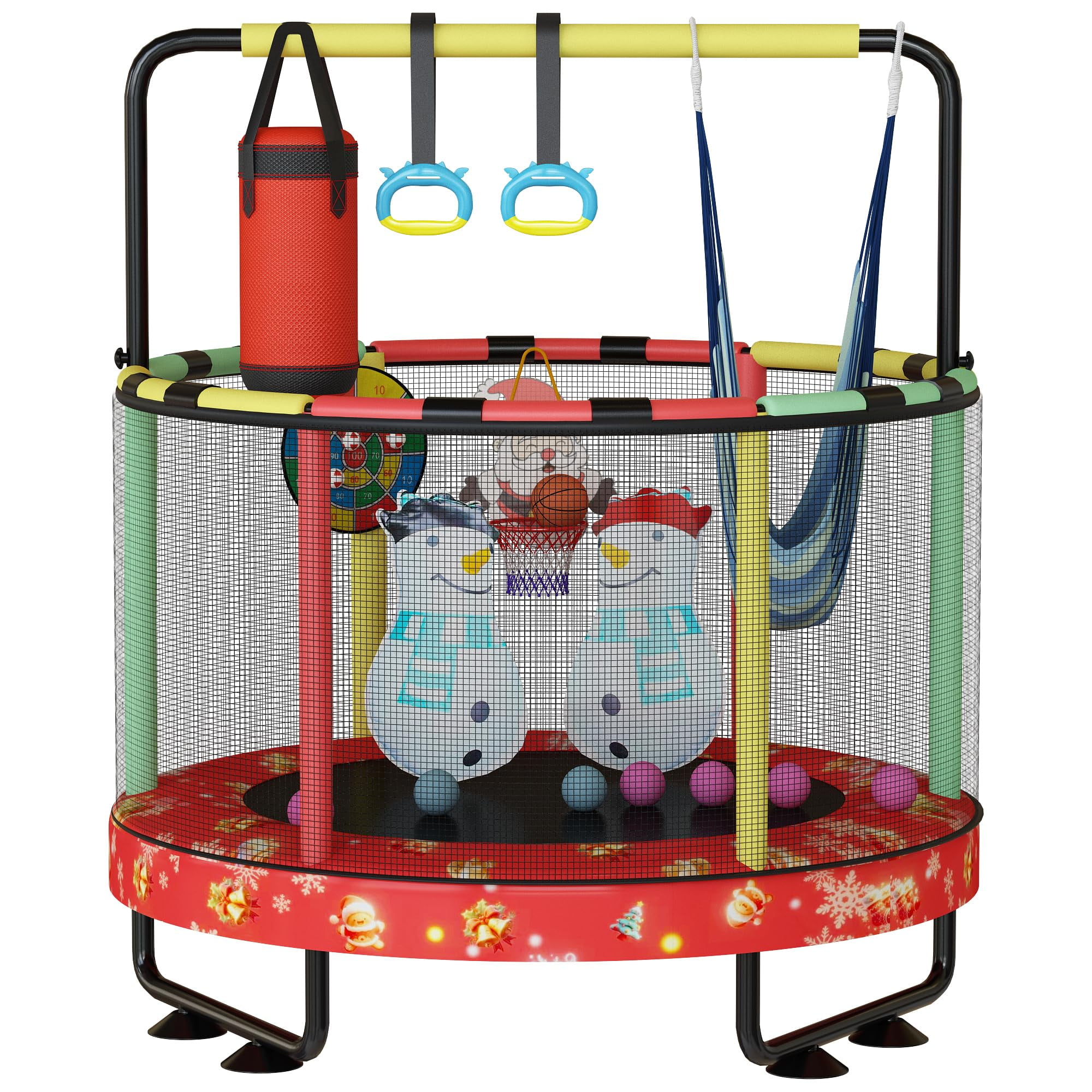 LinkRomat Round Trampoline for Kids, Indoor & Outdoor Toddler Trampoline with Enclosure, Adjustable Height Handrail & Durable Designs for Boys & Girls, 450lbs Capacity, 7-in-1, 55"