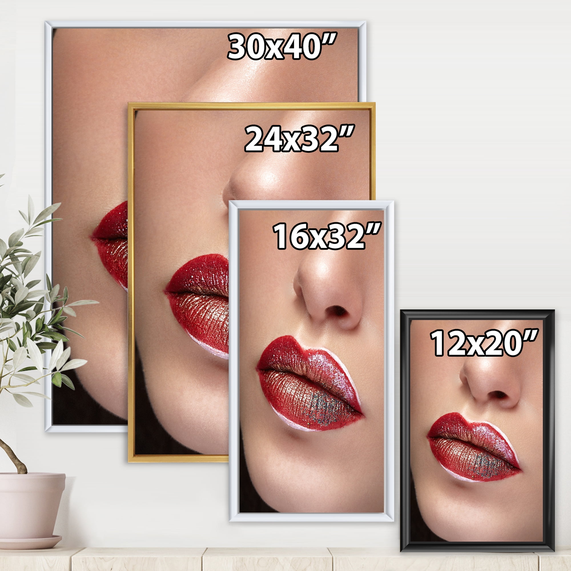 Close Up Lips With Professional Lipstick and Make Up 16 in x 32 in Framed Painting Canvas Art Print, by Designart