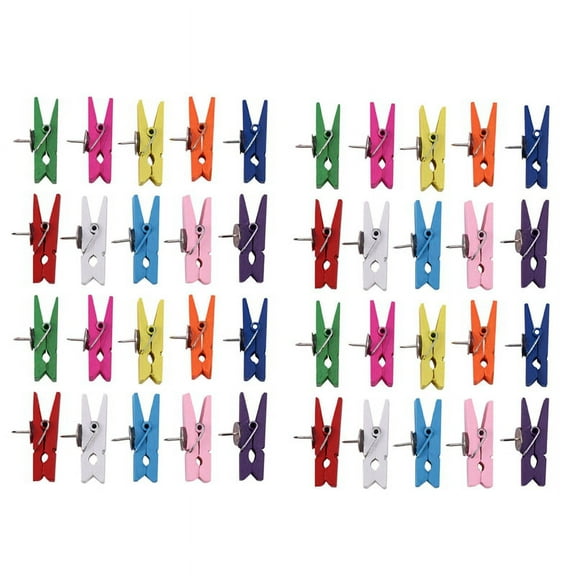 Push Pins with Wooden Clips Pushpins Tacks Thumbtacks, Paper Clips with Pins Multicolor 40Pcs