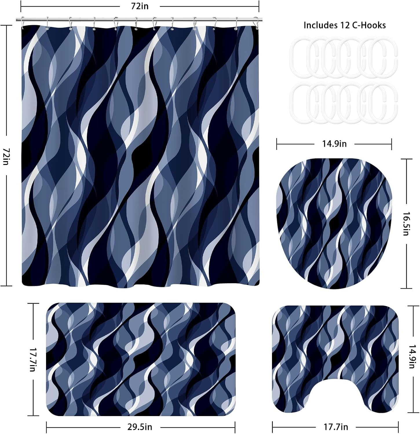 4PCS Navy Blue Bathroom Sets with Shower Curtain and Rugs, Abstract Striped Shower Curtain Sets with Rugs, Modern Luxury Bathroom Curtains Shower Set Accessories