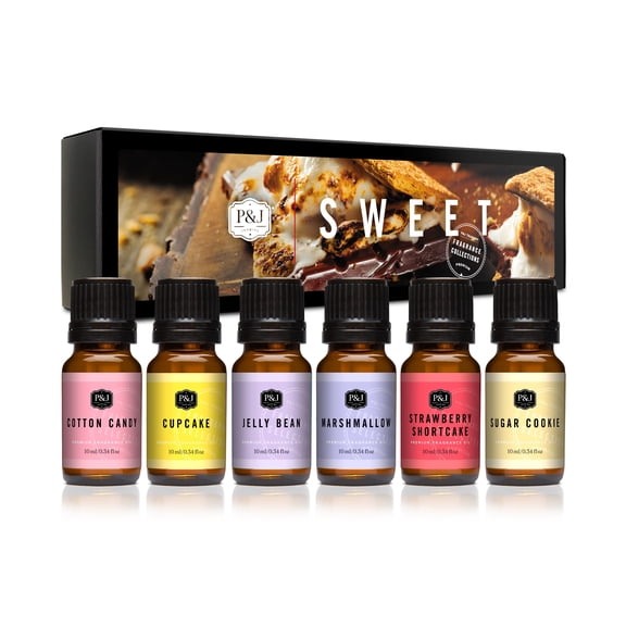 Sweet Set of 6 Fragrance Oils - Premium Grade Scented Oil - 10ml - Chocolate Mint, Cotton Candy, Caramel Corn, Orangesicle, Candy Cane, and Smores