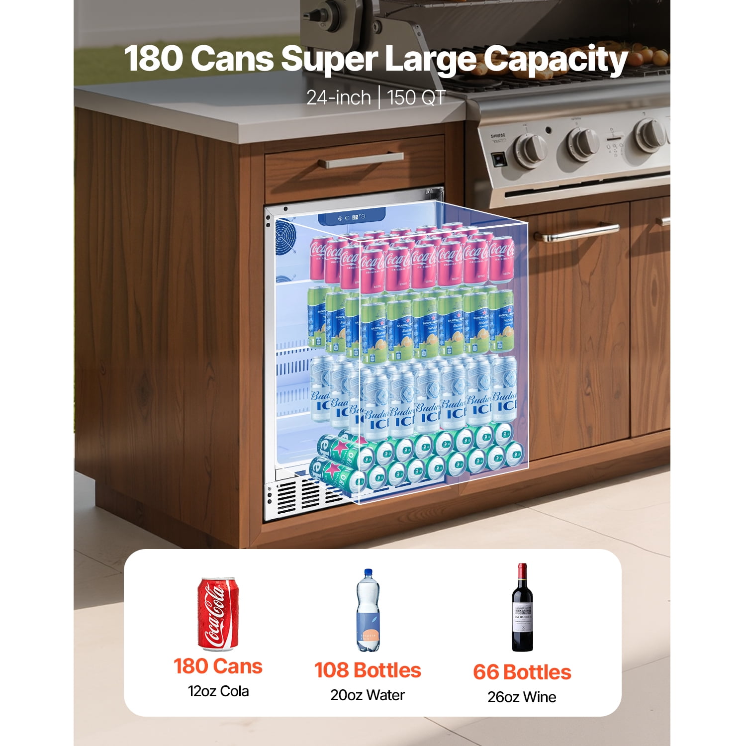 KFFKFF Under Counter Refrigerator,24 Inch Beverage Refrigerator 180 Cans 150 QT Freestanding for Patio & Kitchen, Beverage Cooler for Home & Commercial Use