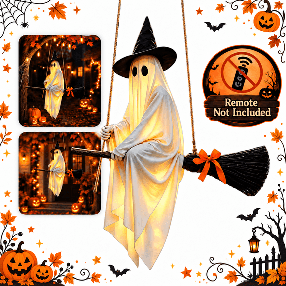 Outdoor Halloween Decoration Hanging Ghost , 5FT Large Hanging Flying Ghost on Broomstick with Witch Hat Lighted , 39.37 in, Decor for Porch Yard Tree