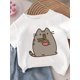 thumbnail image 1 of [Soft Cat T-Shirt] Soft Cotton Adorable Cat & Noodles Print T-Shirt for Girls | Comfy Short Sleeve Crew Neck Top with Whimsical Gray Cat Design, Perfect for Summer Casual Wear, 1 of 7
