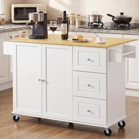 Kitchen Island with Drop Leaf and Storage Drawers, Rolling Kitchen Cart on Wheels with Adjustable Shelf for Small Kitchen White