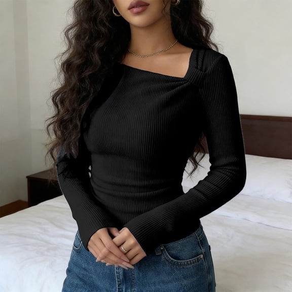 YMNXA Women's Top Long Sleeve Solid Color Asymmetric Comfortable Fashion Slim Fit Tee For Casual Daily Wear,Black,L