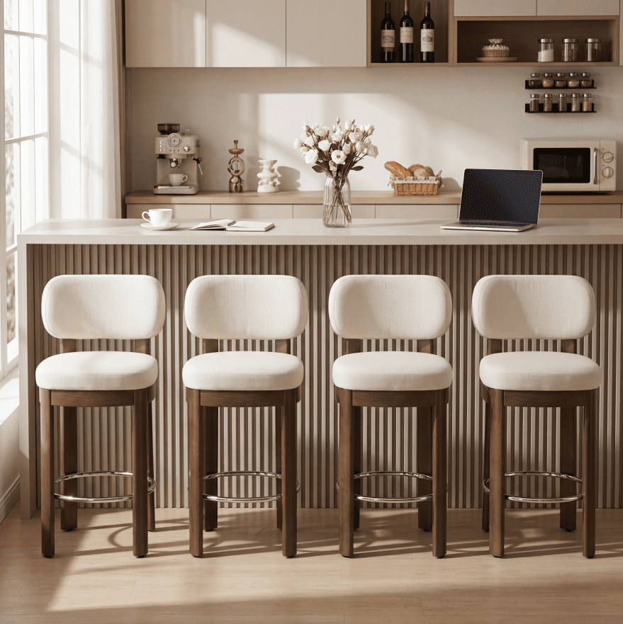 Guyou 26" Bar Stools Set of 6, Modern Linen Upholstered Counter Height Bar Stools, Farmhouse Armless Bar Chairs with Solid Wood Legs & Padded Back for Kitchen Island/Dining Room Bar, Beige