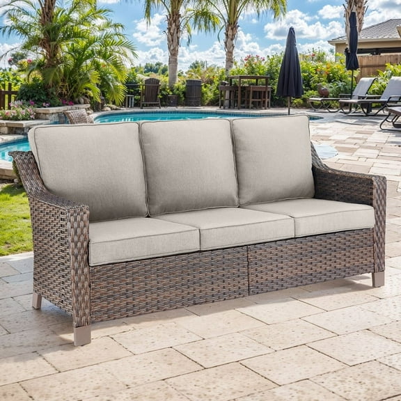 Gymojoy 3-Seat Brown Wicker Outdoor Patio Sofa Couch, Patio All-weather Seactional with Cushion, Beige