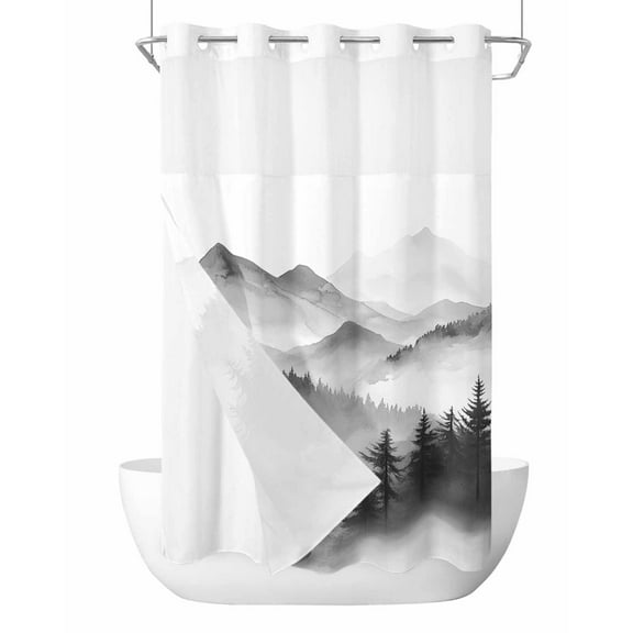 No Hook Cloth Fabric Shower Curtain with Snap in Liner, Black Mist Forest Waterproof Shower Curtains Set with See Through Top Window, Vintage Natural Mountain Landscape Bath Curtains Shower 36"x72"