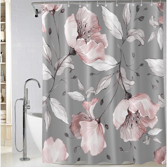 Pink Flower Shower Curtain 72 x 72 Inch,Floral Botanical Shower Curtain for Bathroom Decor, Wildflower Herb Shower Curtain with 12 Hooks