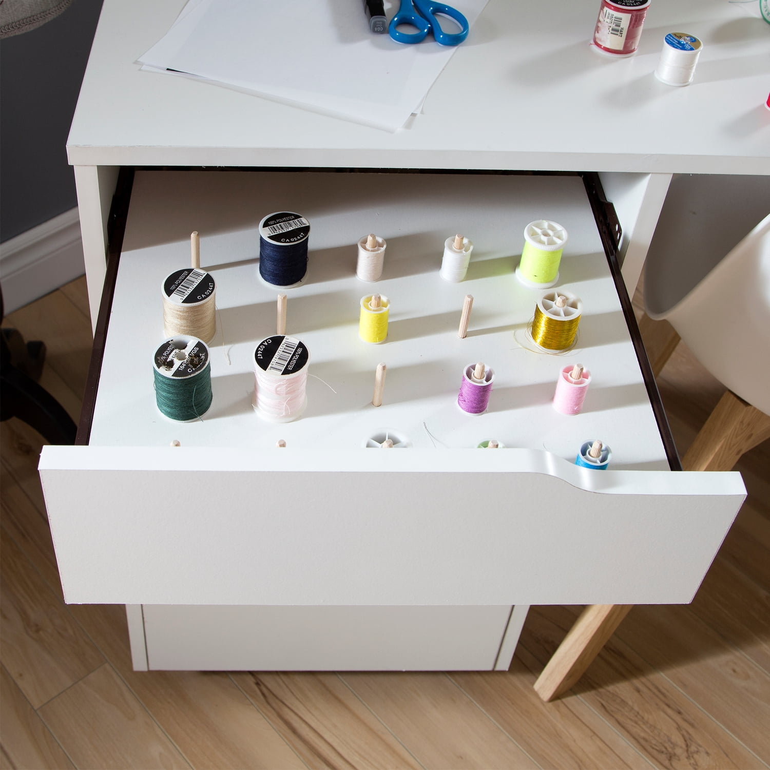 Maykoosh Contemporary Cool Sewing Craft Table on Wheels with Sliding Shelf, Storage Drawers and Scratchproof Surface, Pure White - 23.62"D x 58.12"W x 295"H