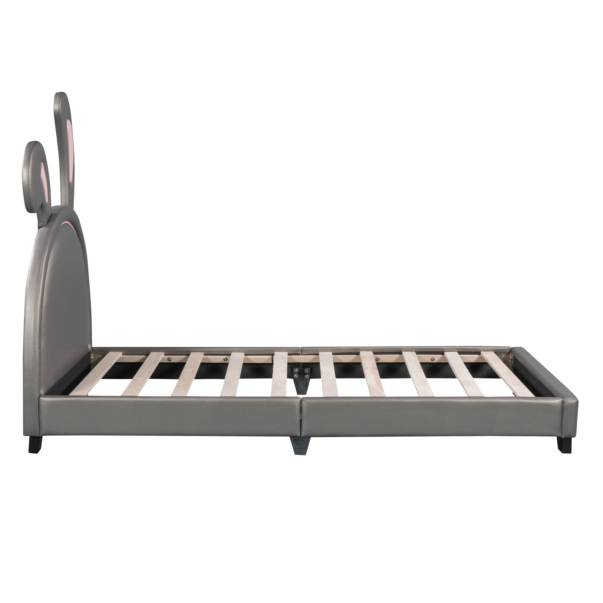 Aukfa Upholstered Bed with Bunny Ears Headboard for Kids, Faux Leather Twin Platform Bed Frame, Gray