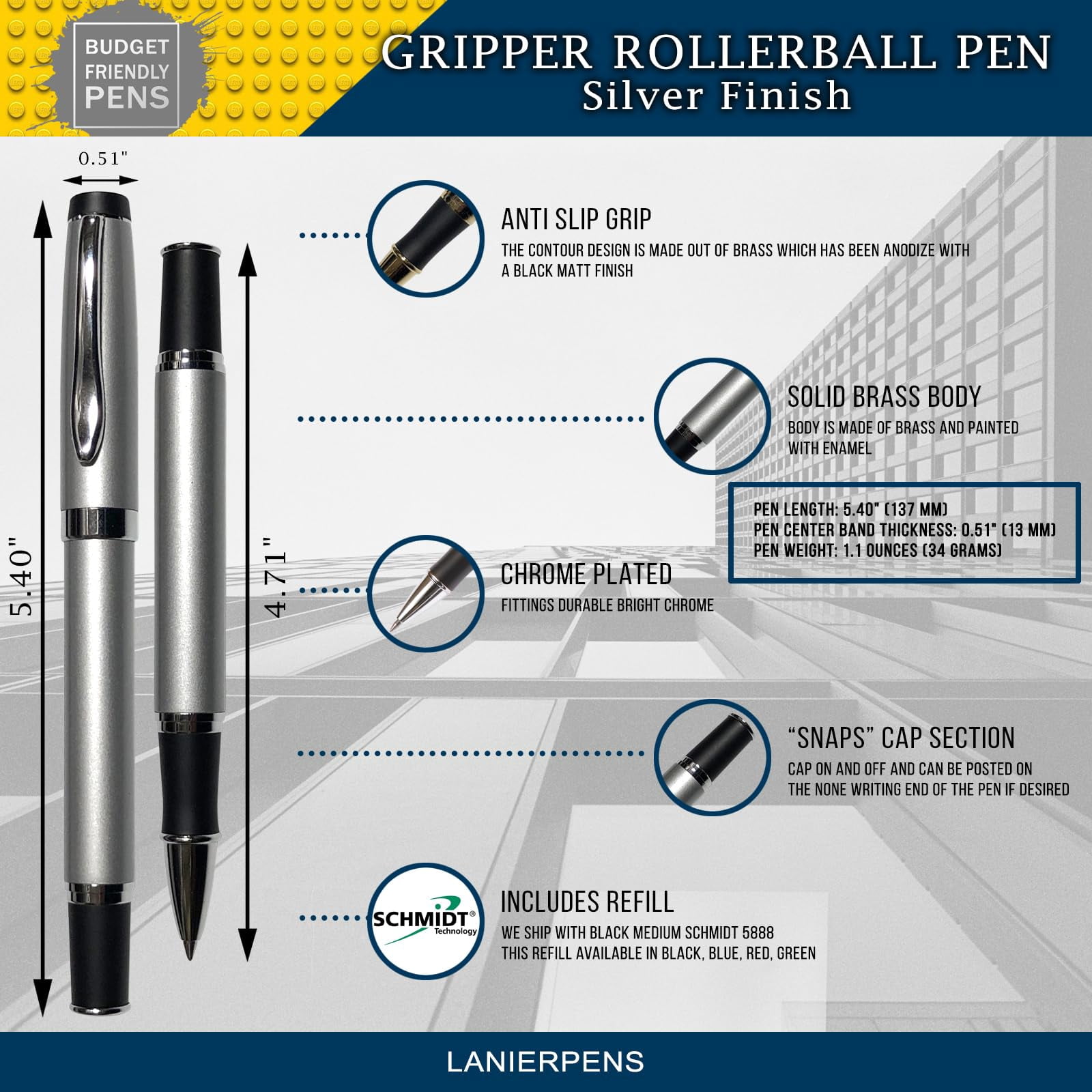 Gripper Rollerball Pen - Silver with Anti Slip Grip (Budget Friendly Pen)