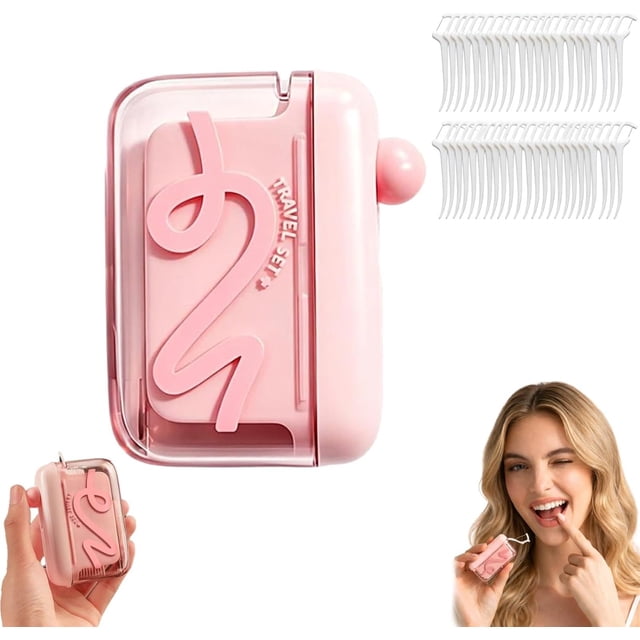 Automatic Pop-Up Dental Floss Box with 100 PCS Dental Floss, Refillable Floss Pick Dispenser, Travel Floss Picks Case(Pink)
