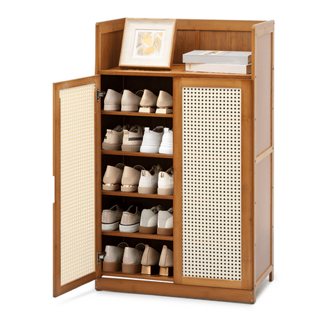 Magshion Bamboo 6-Tiers Shoe Cabinet, 20 Pairs Heels Sneakers Storage Cabinet with ABS Rattan Doors, Shoe Rack Organizer Holder with Countertop and Shelves, Brown