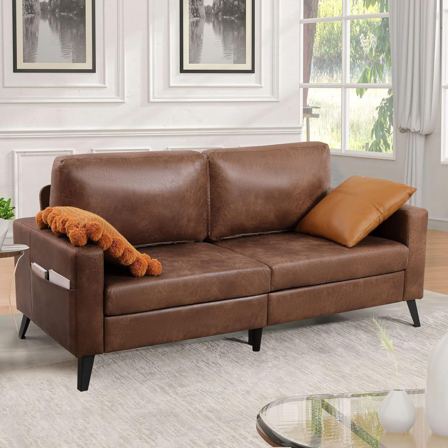 YODOLLA 79" Loveseat Faux Leather Sofa Apartment Couch 3 Seater Living Room Furniture for Small Rooms& Spaces- Saddle Brown