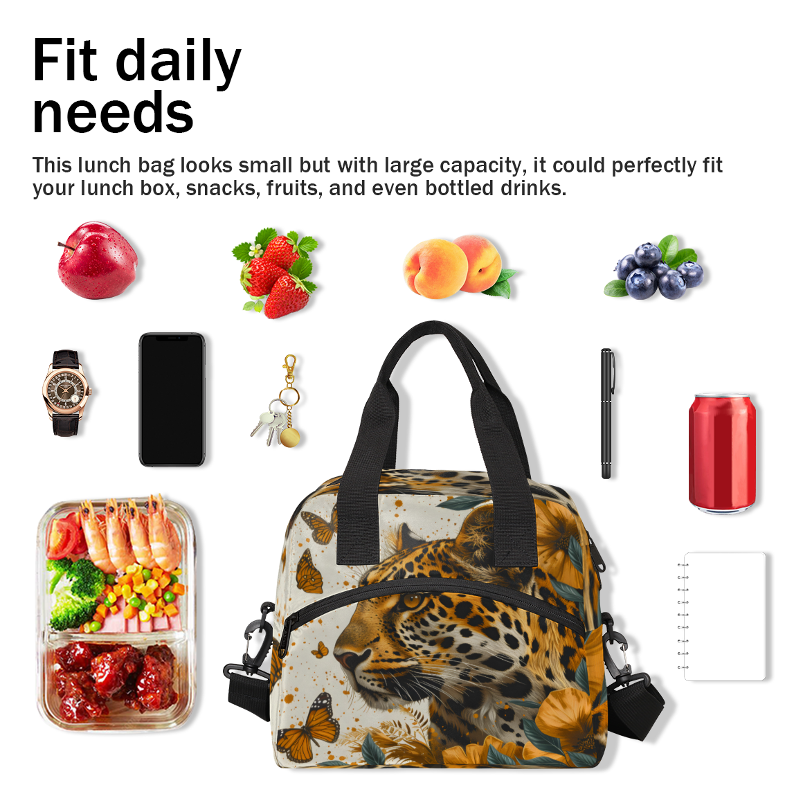 Herdesigns Leopard Insulated Lunch Bag for Women Men Adults Large Reusable Lunch Box Butterfly Leopard Print Leakproof Cooler Tote Bags with Adjustable Shoulder Strap