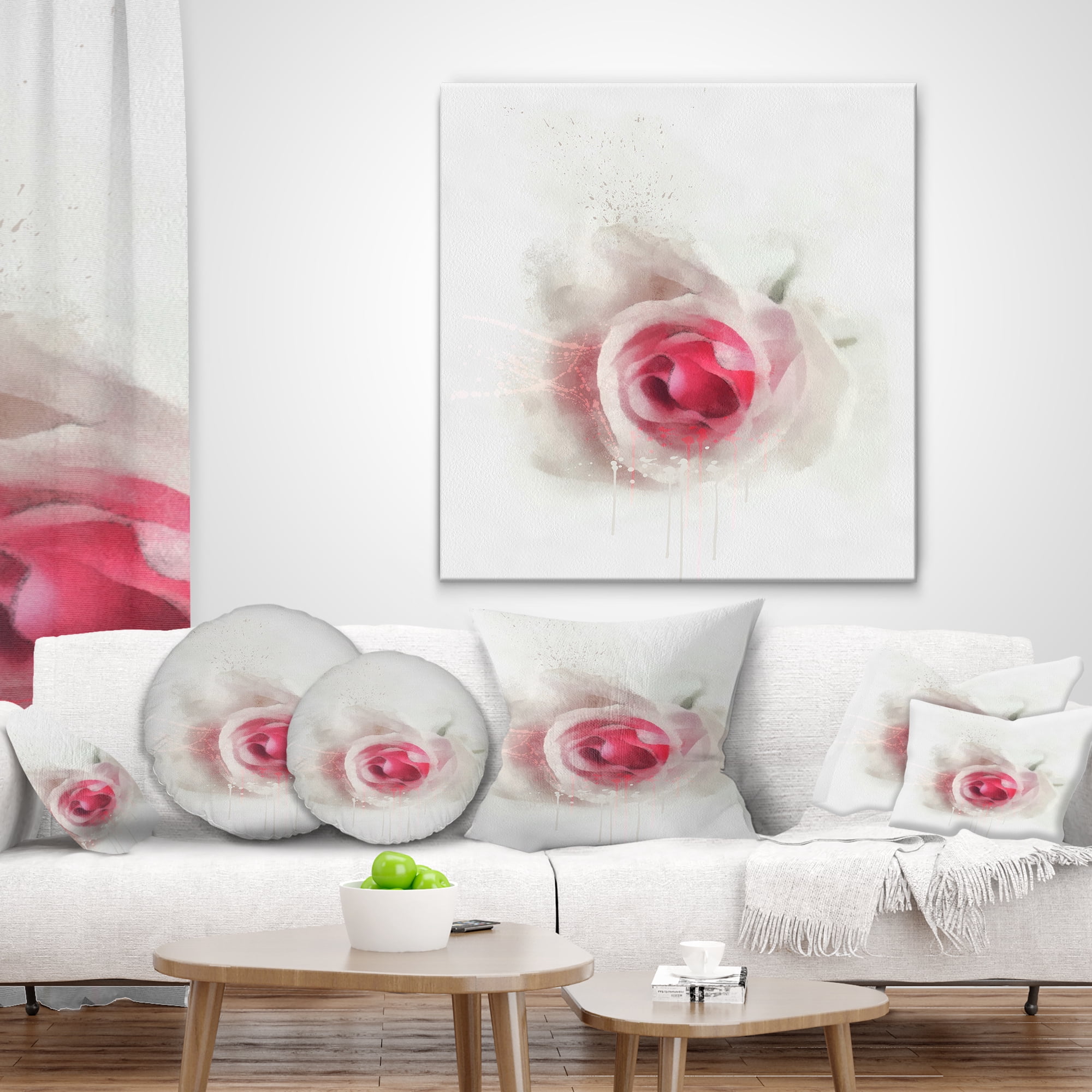 Designart White Rose with Pink Petals - Floral Throw Pillow - 16x16