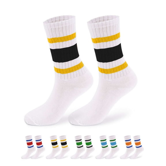 Luxtrada 2 Pairs Fun Novelty Retro Striped Crew Socks For Women Sporty Calf Casual Cotton Tube Socks Women Men (Yellow Black)