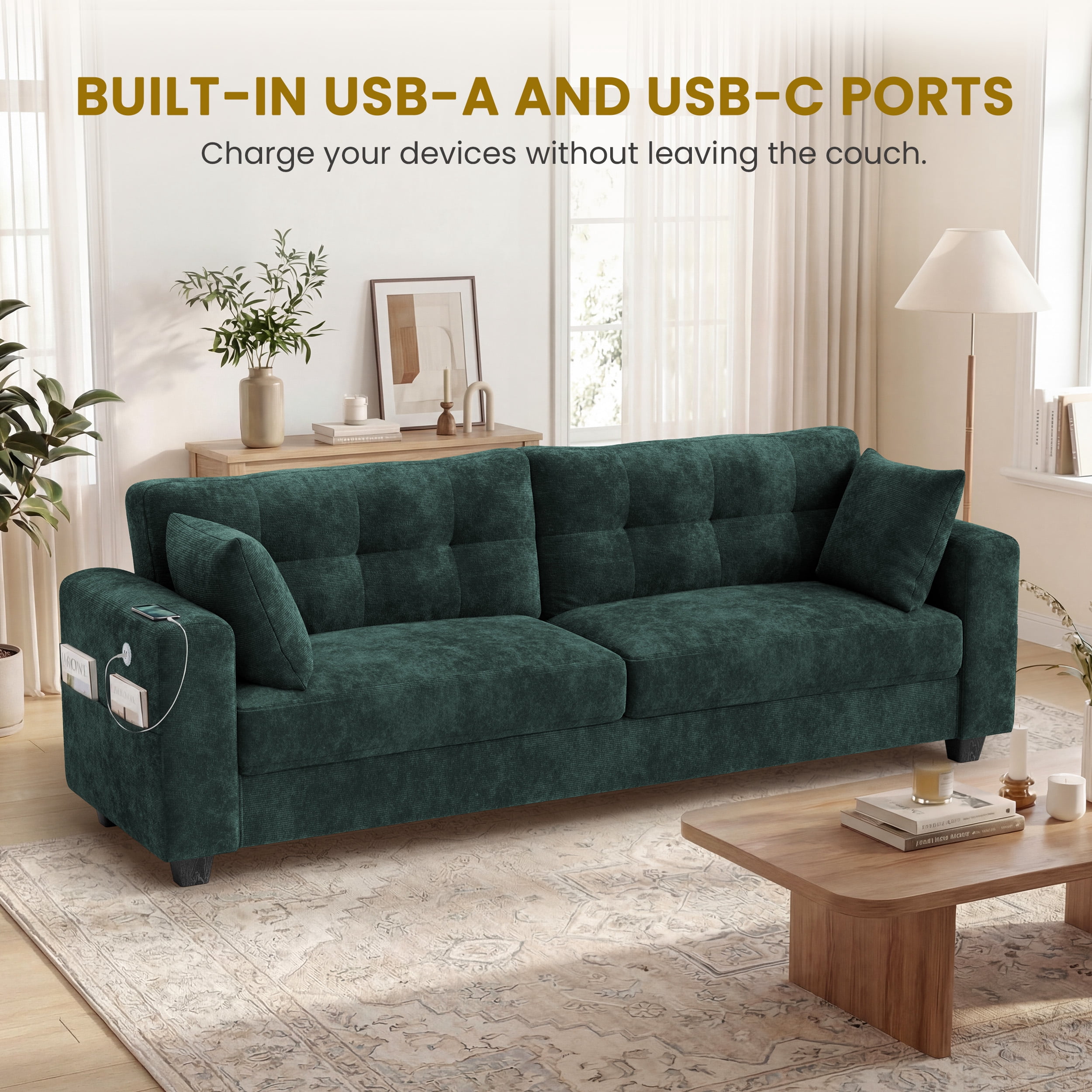 WISHEAD 87" Large 3 Seater Sofa Couch for Living Room, Office, Oversized Couches with Extra Deep Seat, USB Charging Port, 2 Pillows, Dark Green
