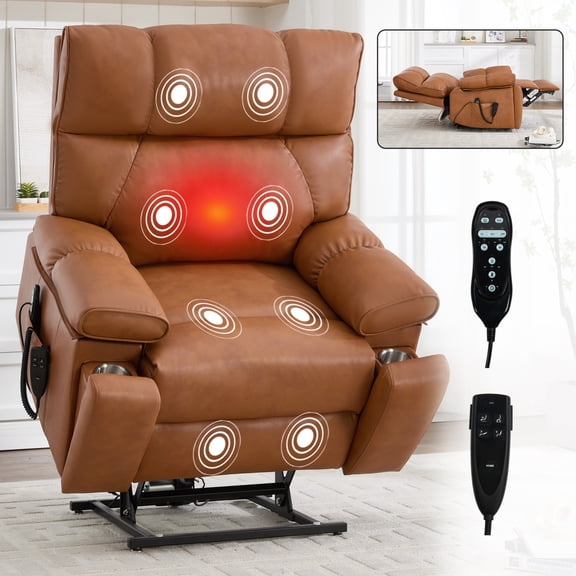 Miekor Furniture Orange Leatheraire Heat Massage Dual Motor Infinite Position Up to 350 LBS Large Electric Power Lift Recliners with Hidden Cup Holders, Power-Remote, Medium-firm and Heavy Duty MK2936