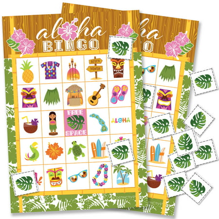 Hawaiian Luau Party Bingo Game 24 Players - Tropical Tiki Luau Birthday Party Supplies - 24 Bingo Cards with Chips