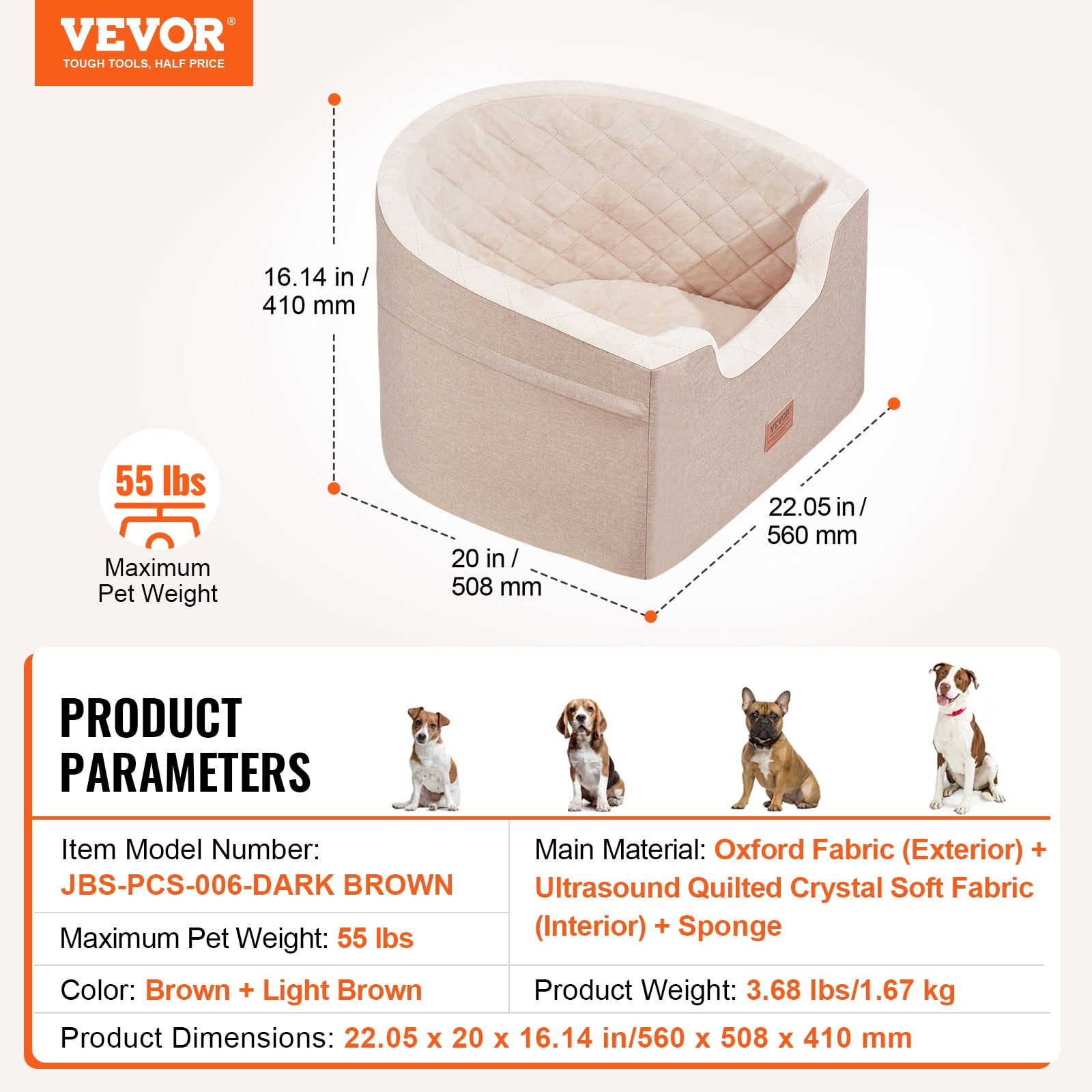 VEVOR Dog Car Seat, Waterproof Dog Booster Seat for Car with A Storage Pocket, Clip-On Safety Leash and Sponge Filling, Dog Car Bed for Small & Medium Dog up to 55lbs, Brown
