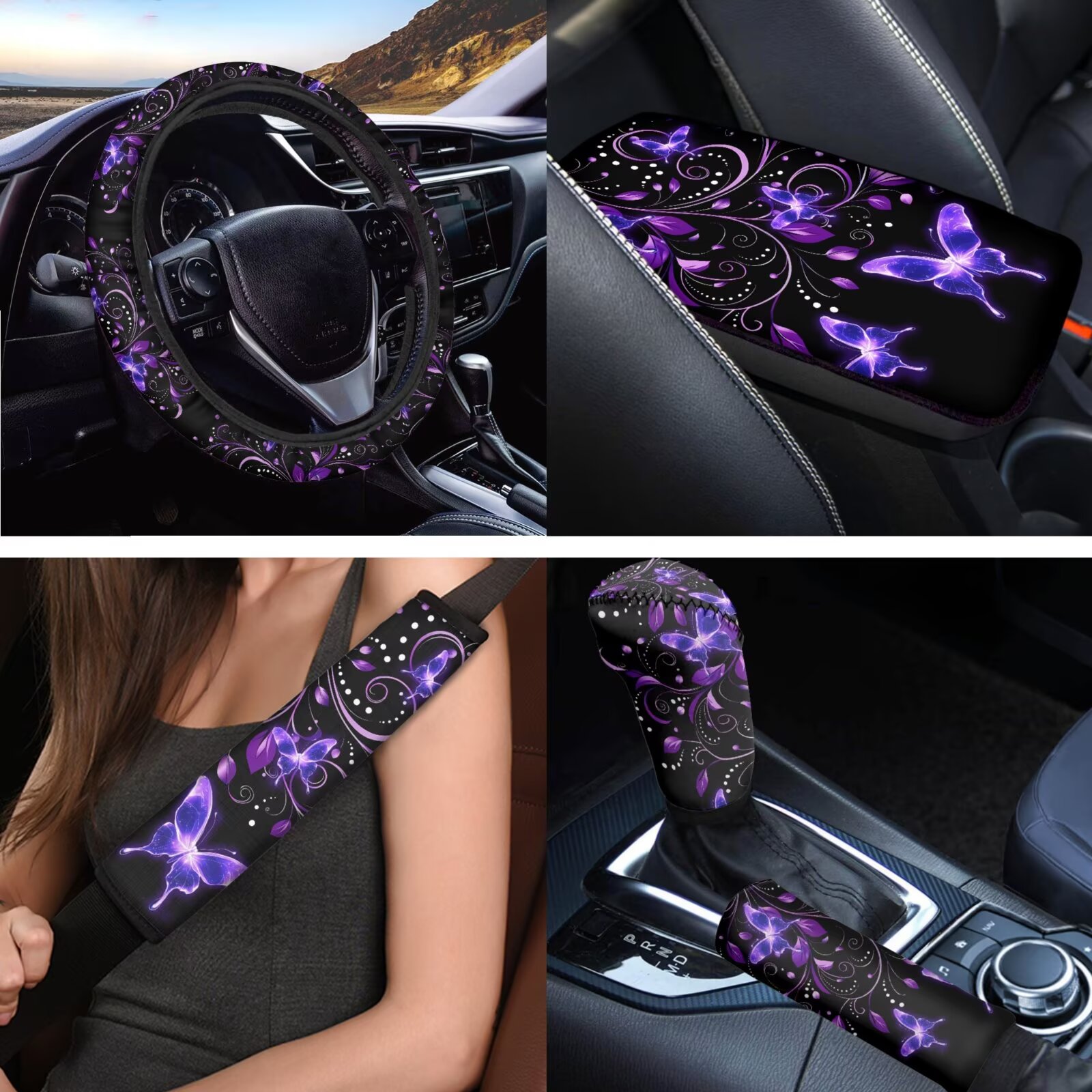 Uorisanigo Purple Butterfly 18pcs Car Seat Covers Full Set with Shoulder Strap Protector Middle Console Cover Steering Cover Headrest Protector Shift Knob Handbrake Covers Coasters Key Chains
