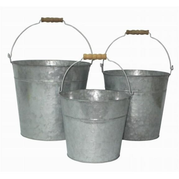 Cheung's  Set of 3 Galvanized Metal Bucket with Natural Wood Grip Handle