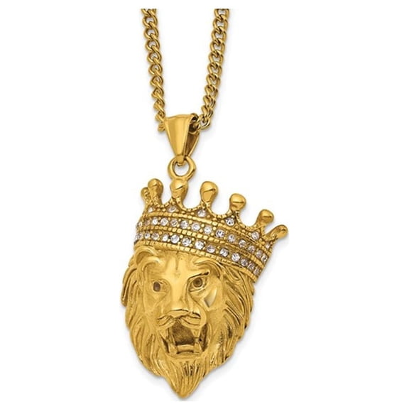 Stainless Steel Polished Lion Head with Crown Charm Pendant Necklace with Chain for Men