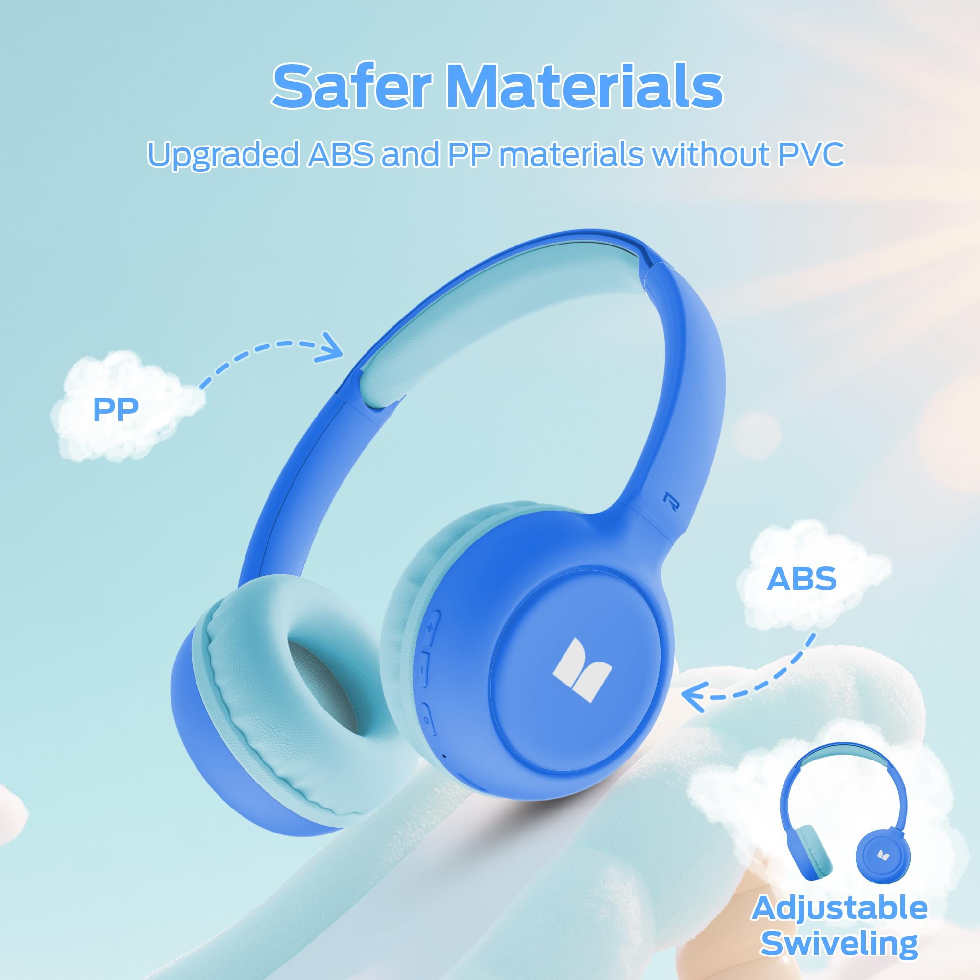 Monster Bluetooth Kids Headphones with Microphone, Wireless Headset for Children with 85/94dB Safe Volume, 60 Hours Playtime, On-Ear Kids Wireless Headphones for Boys and Girls/ School (Blue)