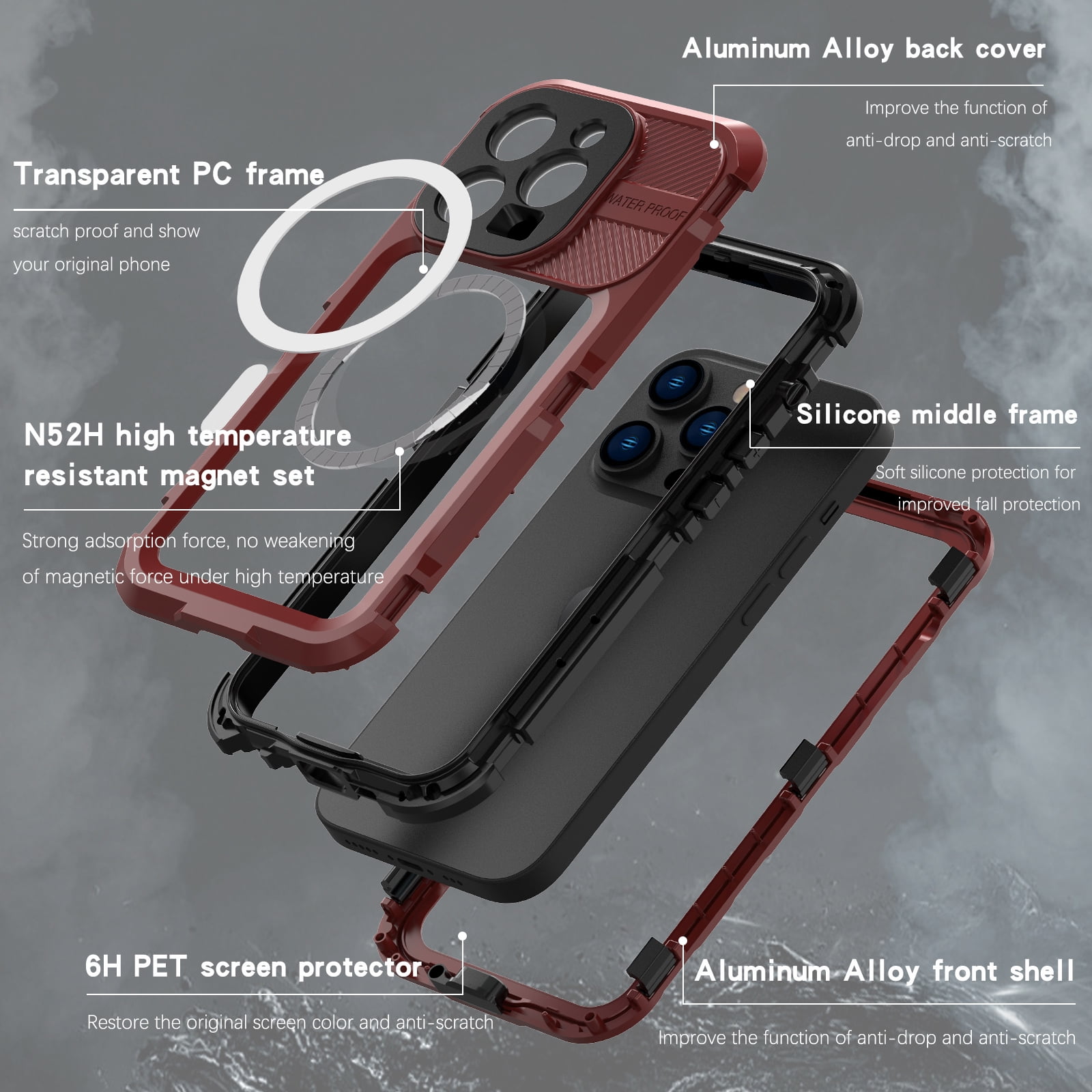 Allytech IP68 Waterproof Case with Screen Protector for iPhone 15 Pro Max, [Aluminum Alloy+PC+Silicone] Rugged Dustproof Shockproof Heavy Duty Protection Case Compatible with MagSafe - Red
