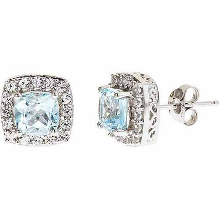 Created Aquamarine and Created White Sapphire Sterling Silver Earrings