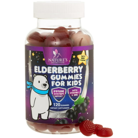 Kids Immune Support Elderberry Gummies - Daily Children's Vitamins C, Zinc & Kids Support Gummy - Nature's Sambucus Elderberry Supplement, Vegan, Gluten-Free, Tasty Berry Flavor - 120 Gummies