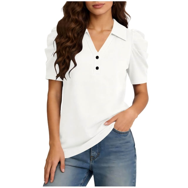 Camisetas de Manga Corta de Verano para Mujeres Moda Pullover de Color Sólido Botón de Solapa Botón Extraíble Camisetas de Manga Corta de Verano de las Mujeres