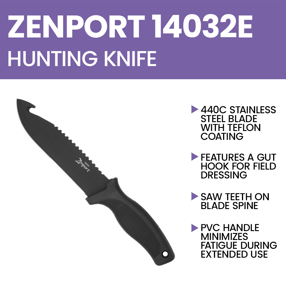 Zenport 14032E Hunting Knife with Sheath, 10.6-Inch, 5.9 Inch Stainless Steel Blade, Black - 12 Pack