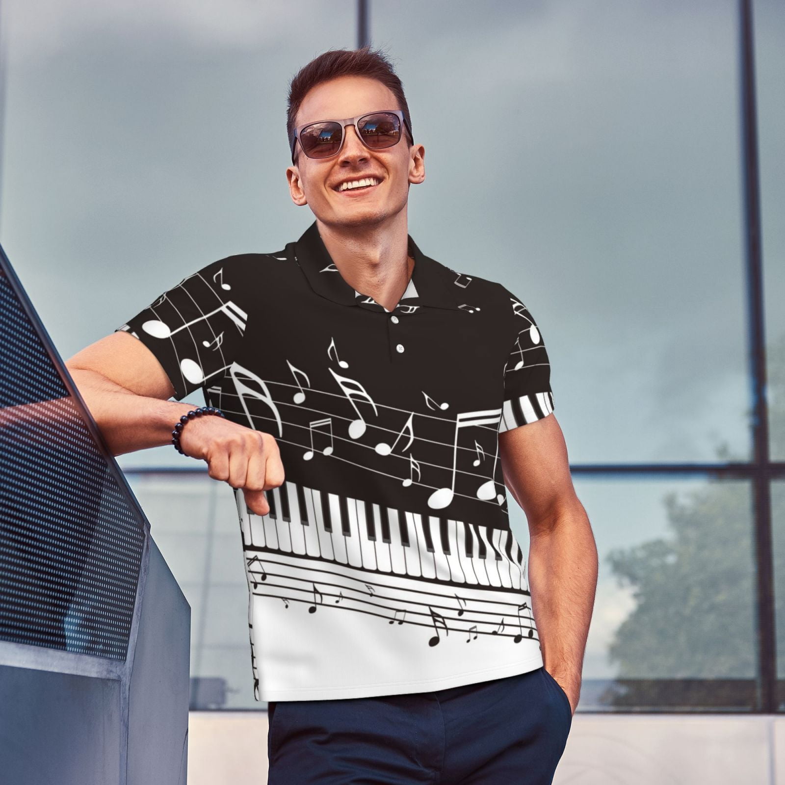 Vsdgher Piano Keys With Musical Notes Polo Shirts for Men, Men