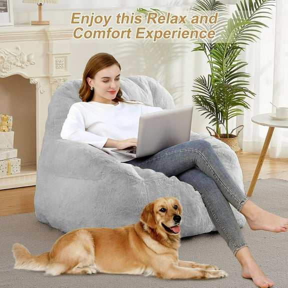 Home Giant Bean Bag Chair, Faux Fur Stuffed Bean Bag Couch with Filler, Bean Bag Chair for Adults, Big Lazy Sofa Floor Sofa with Handle, Large Living Bean Bag