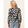 thumbnail image 3 of Blusa de satén floral Allegra K Blusas de manga larga con botones y cuello En V Negro XS, 3 of 6