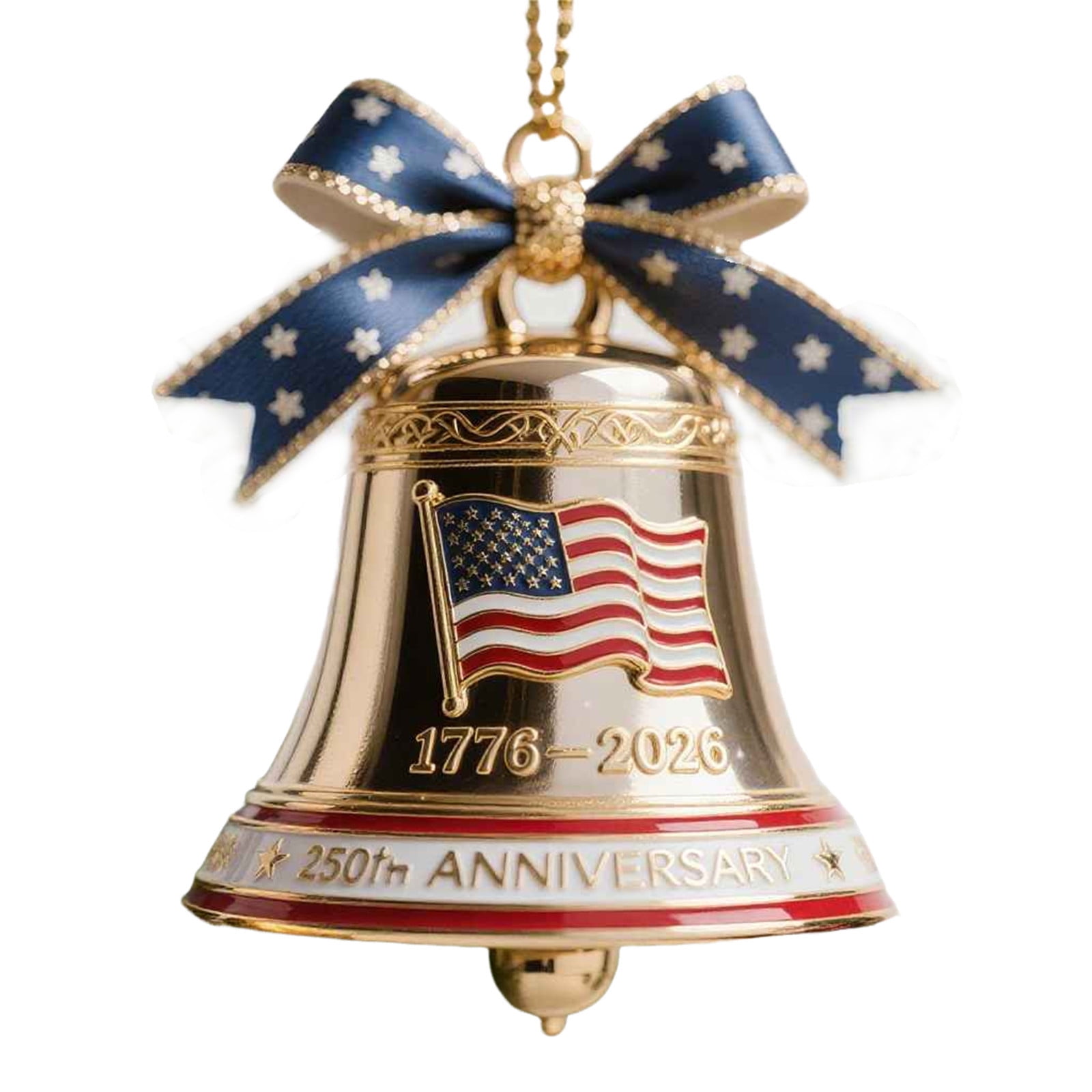 USA 250th Anniversary Bell Ornament, 3D Handmade Metal Christmas Bell Ornament for Tree or Garden, Enamel Crafted Detailing, Red & Gold Commemorative Hanging Decor for Collectors and Patriotic (4PCS)