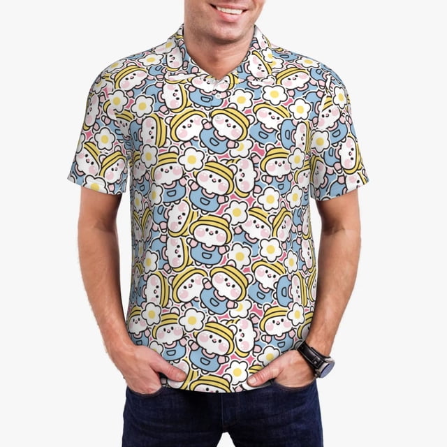 Saiise Cute Rabbit Print Mens Golf Shirt Moisture Wicking Quick-Dry Print Performance Polo Shirts for Men-Medium