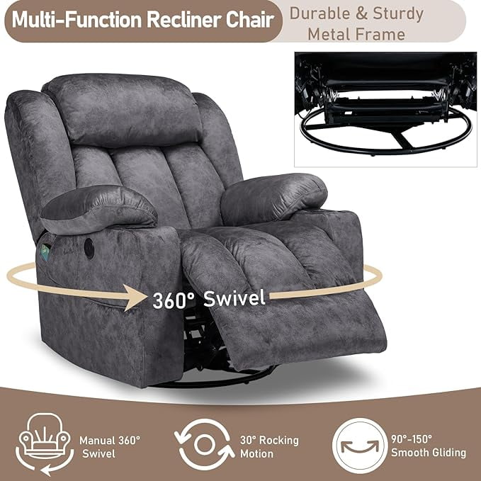 EPICOZY Swivel Rocker Recliner Chair with Heat and Massage, Manual Glider Rocking Reclining Chair, 360° Swivel Overstuffed Lounge Chair with 2 Cup Holders, Side Pockets & USB Ports, Fabric Grey
