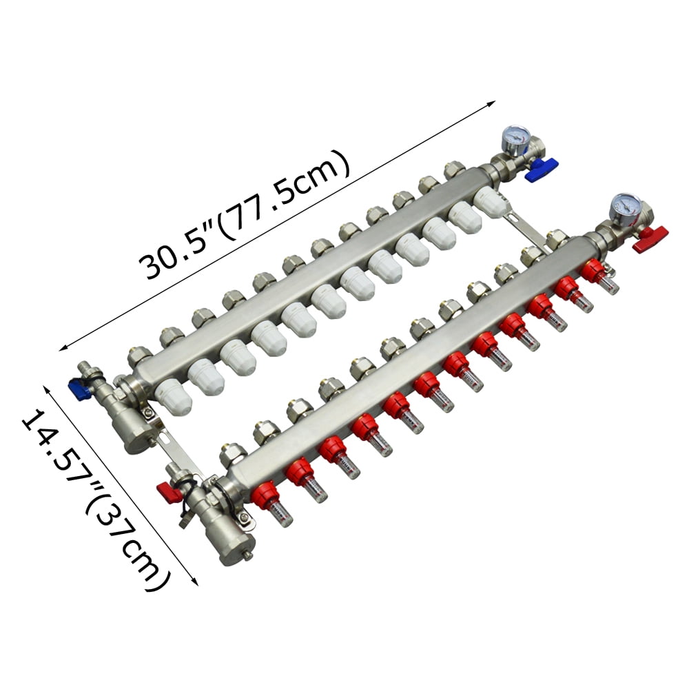 INTSUPERMAI Floor Heating Water Distributor PEX Radiant Floor Heating Manifold Set Stainless Steel (12-Branch)