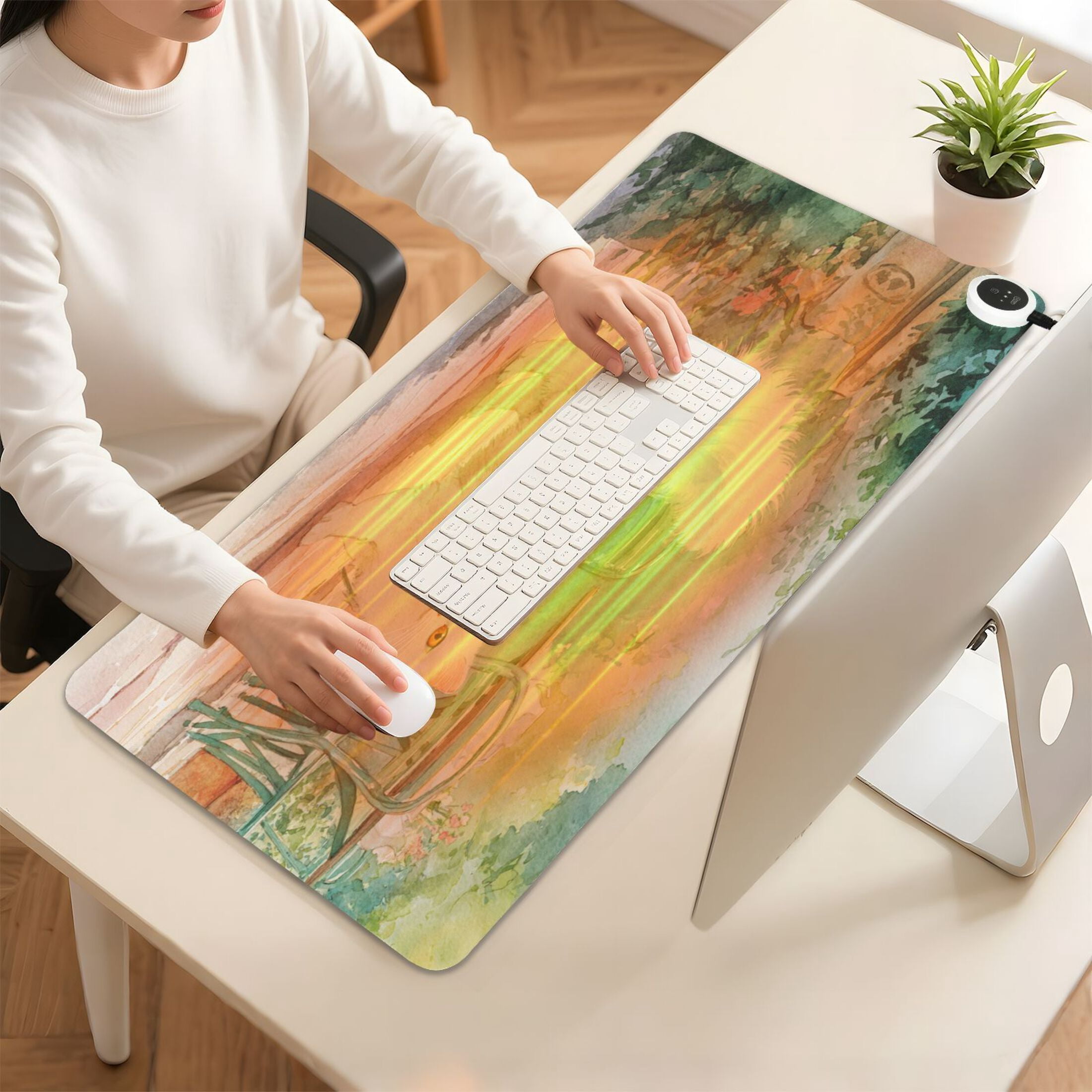 Large Heated Desk Mat Mouse Pad 31.5"x13"PU Leather Graphene Heating Desk Warmer with 3 Temperature Settings 110V US Plug Non-Slip Warm Pad for Home, Office, and Gaming Watercolor White Persian Cat