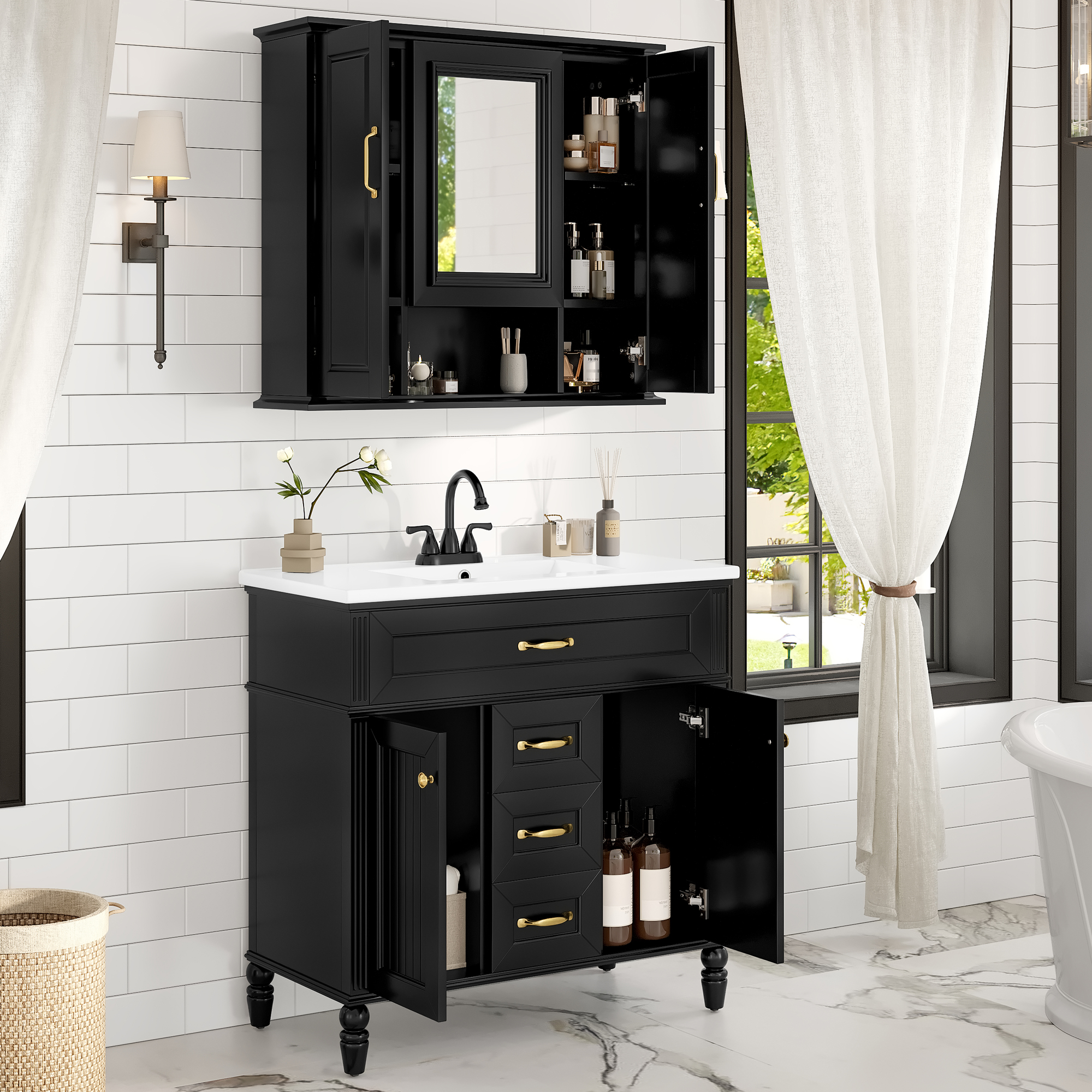 Euroco 36'' Medicine Cabinet, Wall Mounted Bathroom Storage Cabinet, Modern Bathroom Wall Cabinet with Mirror, Mirror Cabinet with 3 Doors (Not Include Bathroom Vanity )