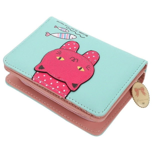 Girls, Faux Leather Wallet Cute Cat Wallet Cat Pattern Handbag Coin Holder Card Organizer, Bifold, Spacious (Green)