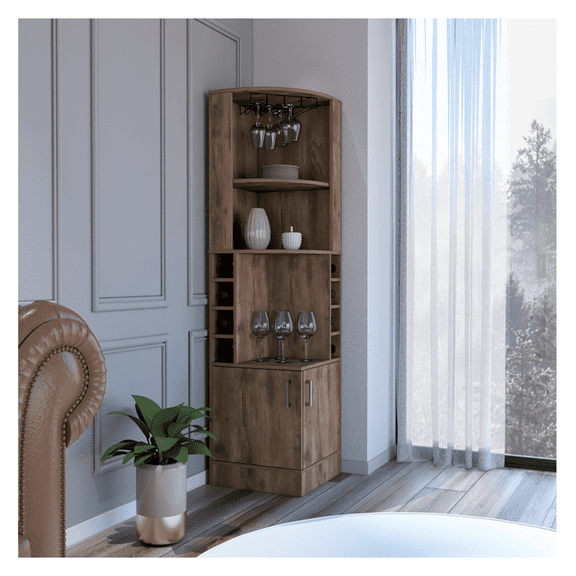 Bar Cabinet Egina, Dark Brown - Wine & Liquor Storage, 8 Bottle Cubbies, 2 Drawers, Open Shelves