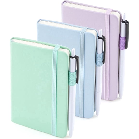 feela 3 Pack Pocket Small Notebook Journals, Mini Cute Hardcover College Ruled Notepad Women Office Supplies, with 3 Black Pens, 3.5”x 5.5”, A6, Pastel Colors, Light Blue, Light Purple, Light Green